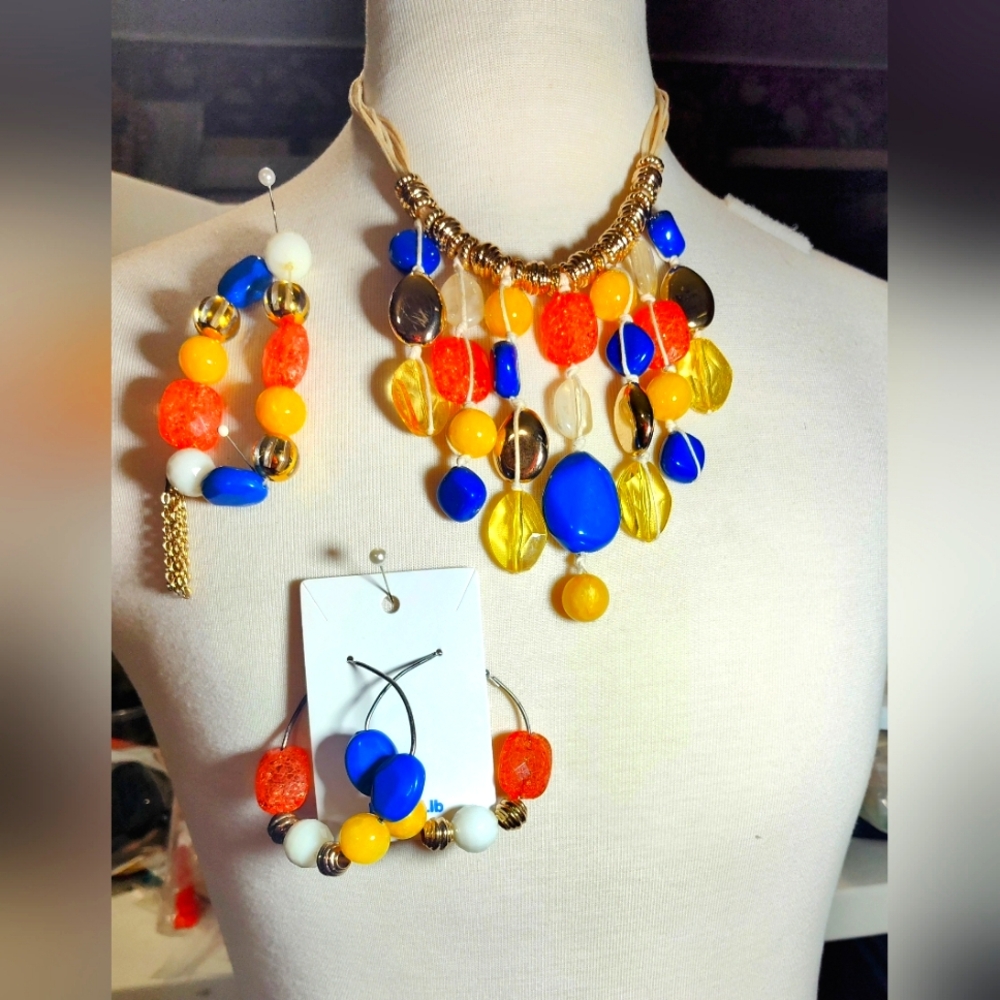 Vibrant Multicolor Statement  Necklace and Earring  Bracelet Set Orange Blue